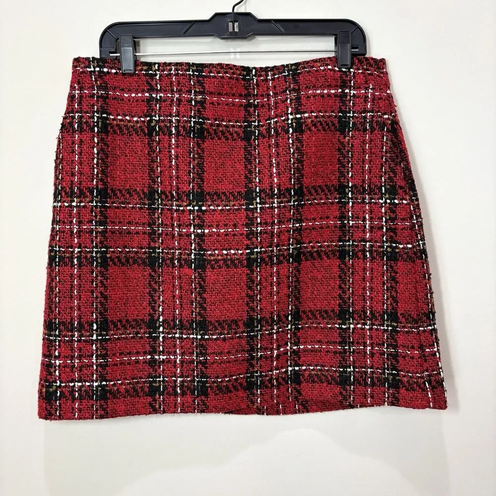 LOFT Skirt 12 Red Tartan Plaid Tweed Heritage Academia Preppy Old Money